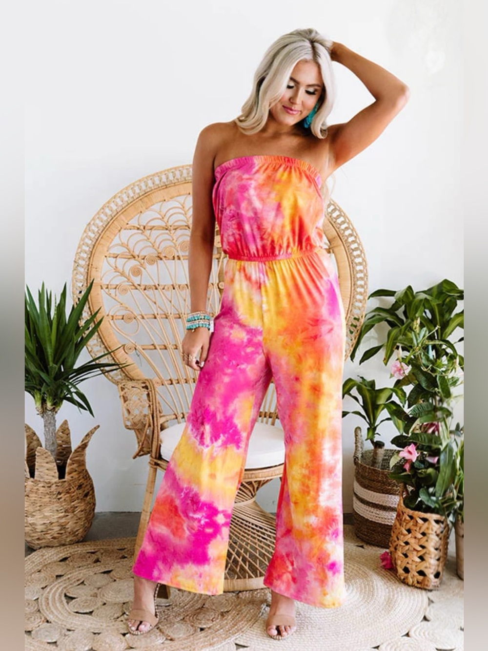 Strapless Jumpsuit featuring Hot Pink, Vivid Orange, and Summery Yellow Tie-Dye